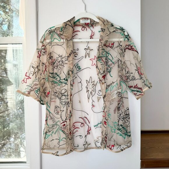 Aritzia Babaton Sheer Abstract Print Button Down Short Sleeve Shirt Embroidered - Picture 1 of 9